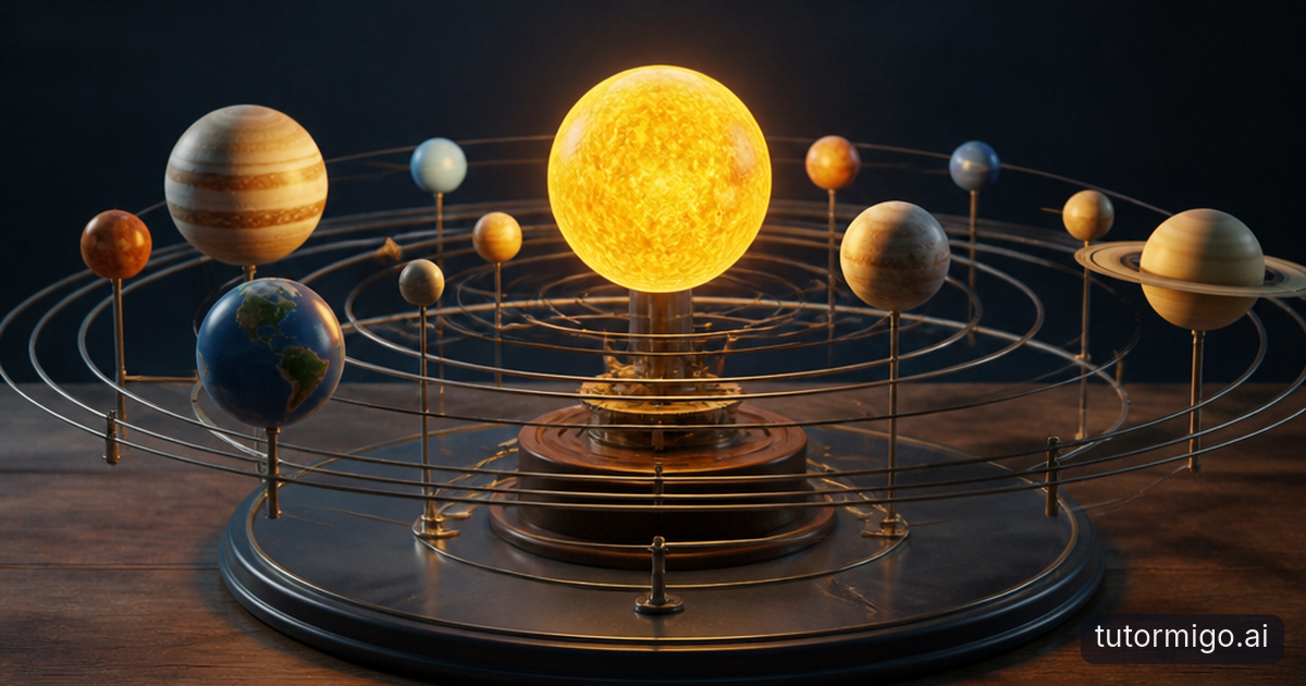 A middle-school student and teacher explore a planetary orbit model beside a balance with matching wooden blocks in a science classroom.