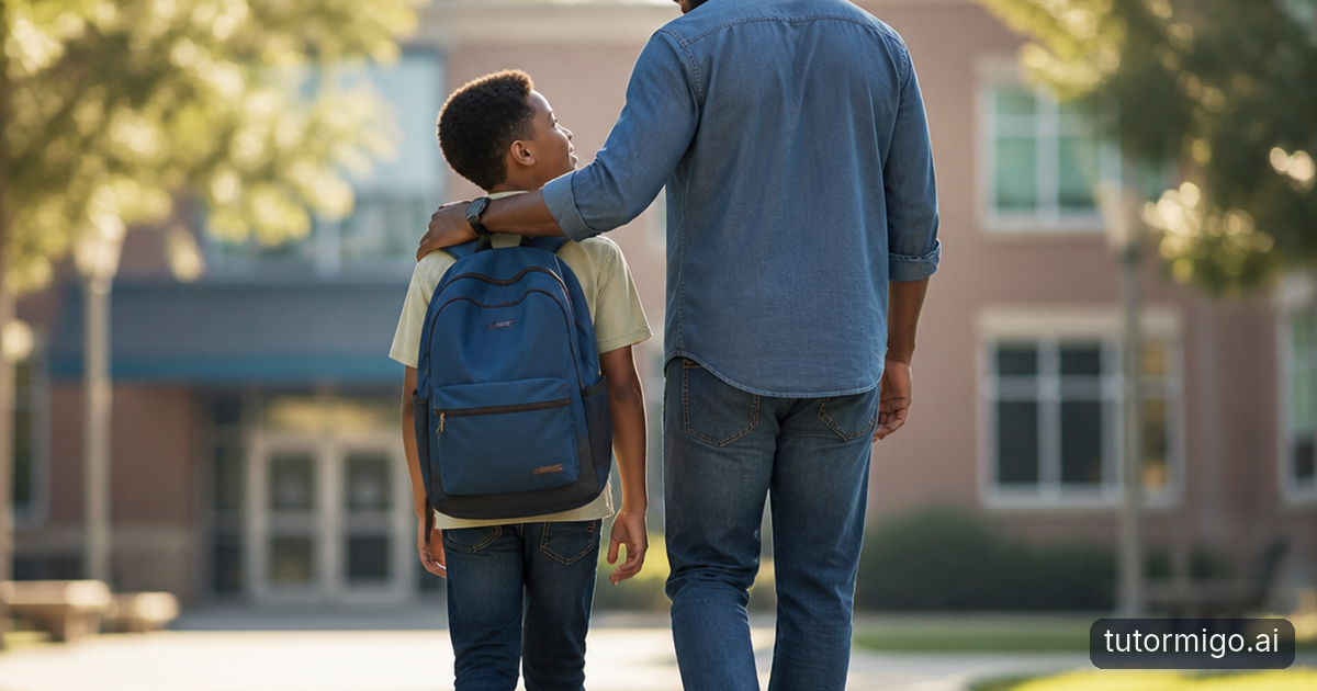 A parent and child discuss two cereal boxes at a kitchen table while another caregiver prepares breakfast nearby.