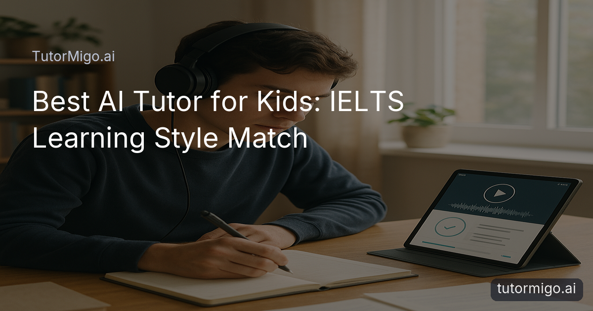 Young learner practicing IELTS listening and note-taking at a home desk in natural sunlight.