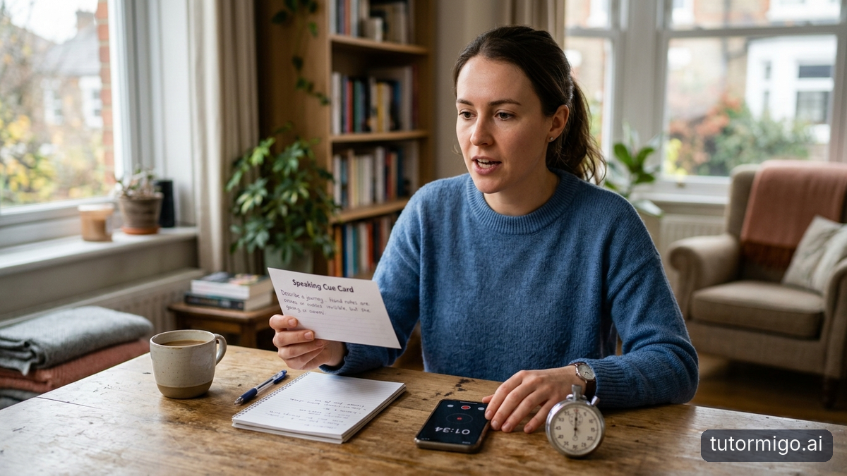 In the Speaking module, active recall is vital for overcoming hesitation and fillers. When practicing Part 2 cue cards, do not read through sample answers and a