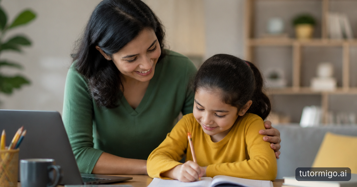 A parent and child compare homework and use fraction-circle pieces together at a kitchen table.