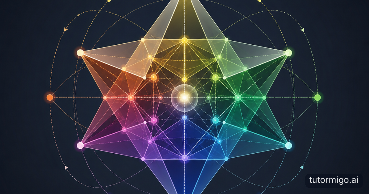 Young people rotate geometric solids and build 3D models around a sunlit table.