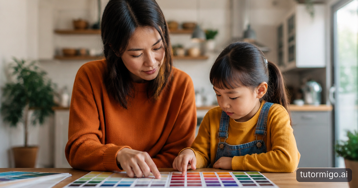 A parent and child plan short revision sessions together using topic cards, an exercise book and a timer at a kitchen table.