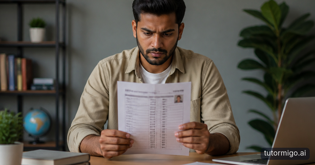 An IELTS candidate and tutor compare a practice essay with an assessment grid beside headphones, a timer, and a reading booklet.