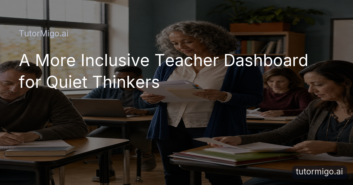 A teacher reviews different forms of student work while students learn quietly in a calm classroom.