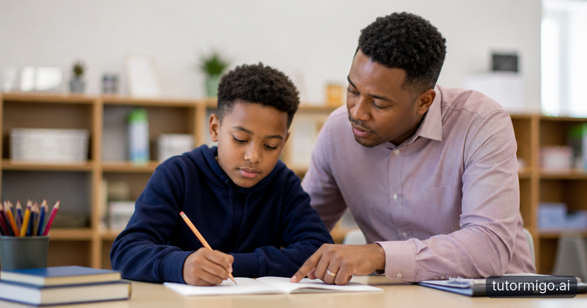 A student and teacher review a small flashcard deck beside an open study guide, with difficult cards set aside for another attempt.