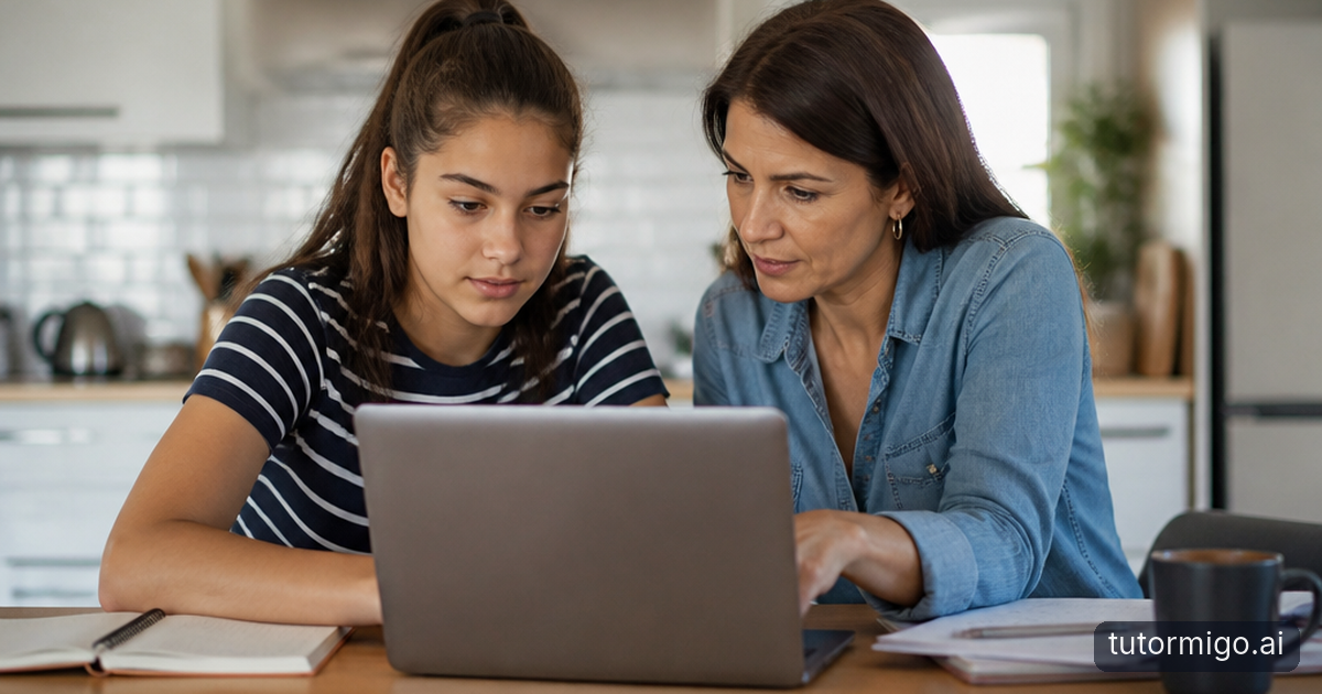 A high-school student explains an ACT practice question to a supportive parent at a kitchen table.