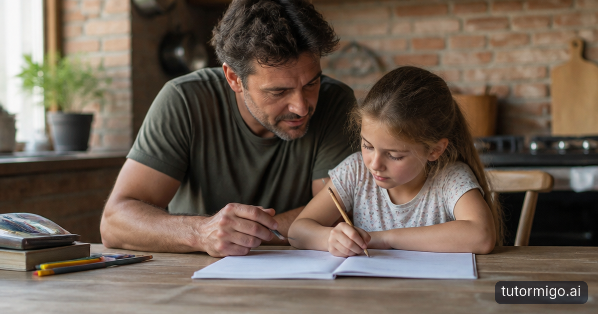 A parent listens encouragingly as their child explains a plant diagram during a relaxed study conversation at the kitchen table.