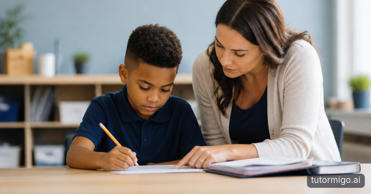 A student practices recalling an answer while a teacher organizes flashcards beside an open study guide and review calendar.
