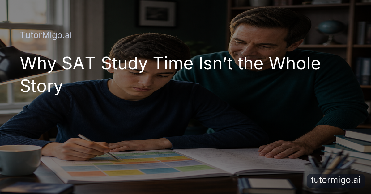 A high-school student reviews SAT study materials with an adult mentor in a warmly lit study space.