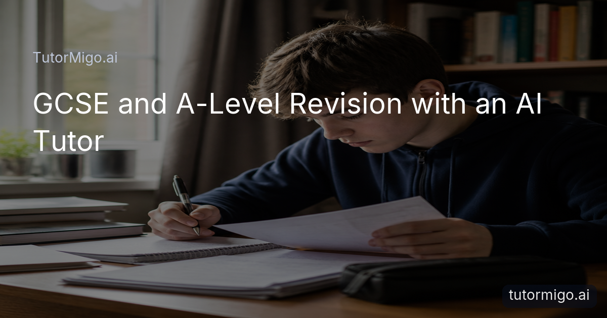 A focused UK secondary student reviewing chemistry notes and past-paper questions at a wooden desk with natural window light.