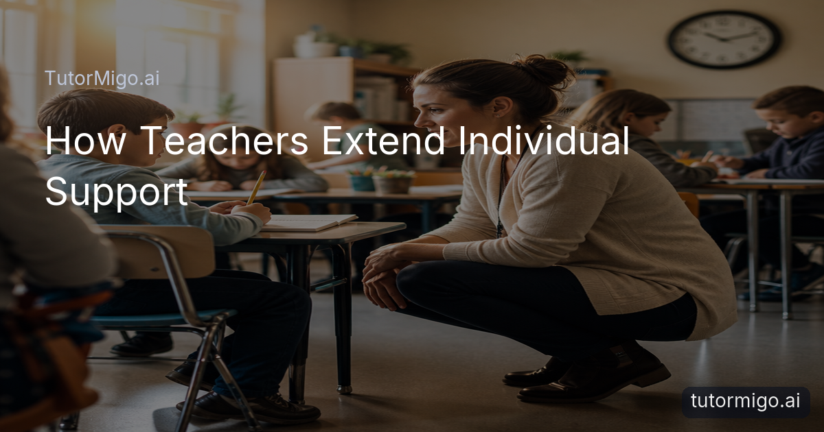 A teacher gives one student focused help while classmates work independently in a busy classroom.