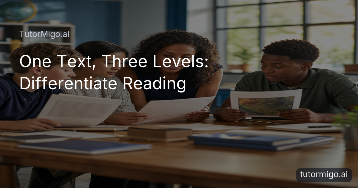 A teacher supports three students reading different versions of the same passage together in a classroom.