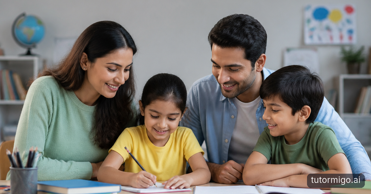 A family plans its afternoon at a kitchen table, with devices set aside and outdoor play equipment by the door.