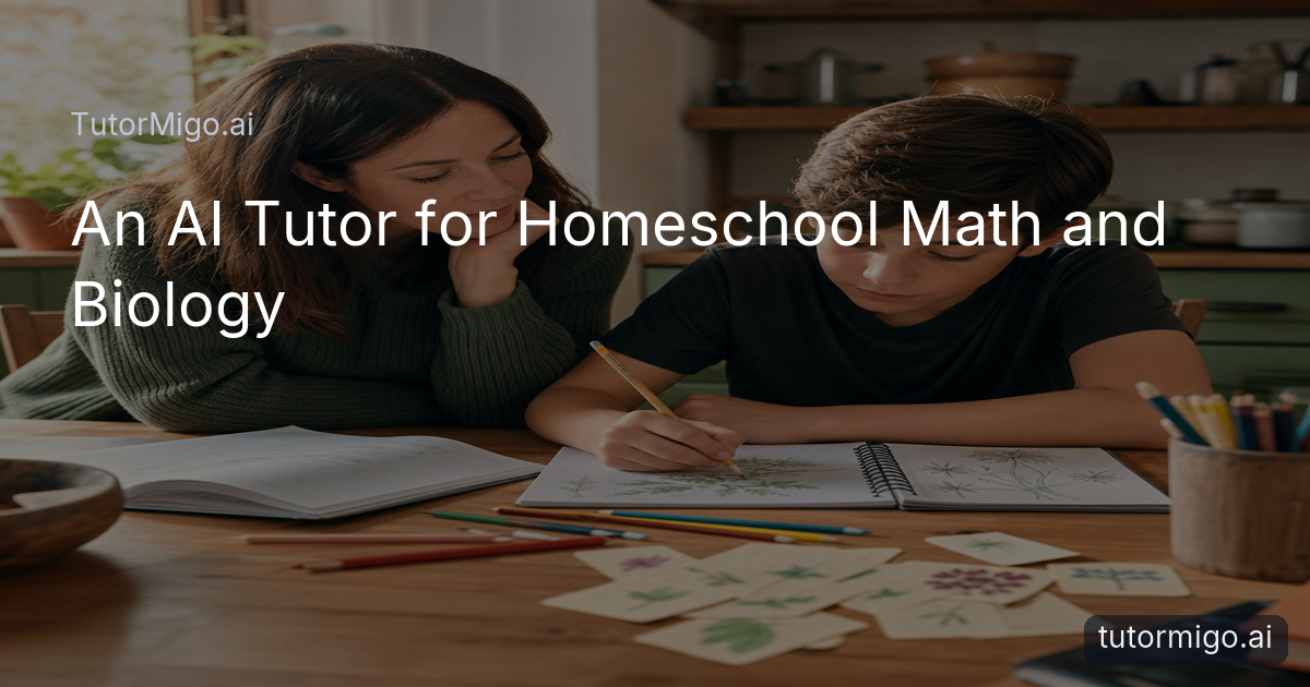 A homeschool parent and her 12-year-old son study math and biology together at a sunlit kitchen table.