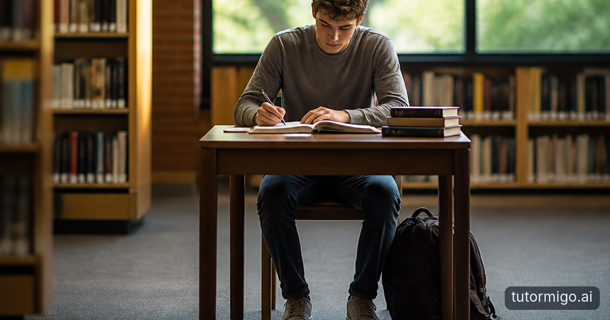 A student selects one task from scattered study materials and places it beside a timer on a clear part of the desk.