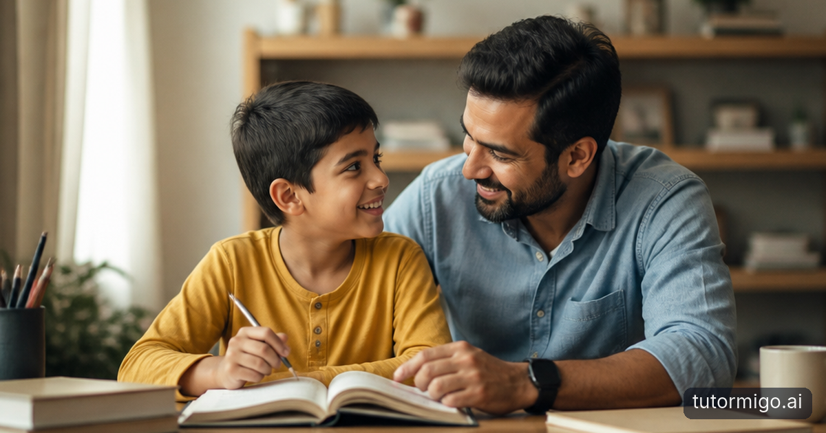 A parent listens as their child points to a confusing part of a notebook at the kitchen table.