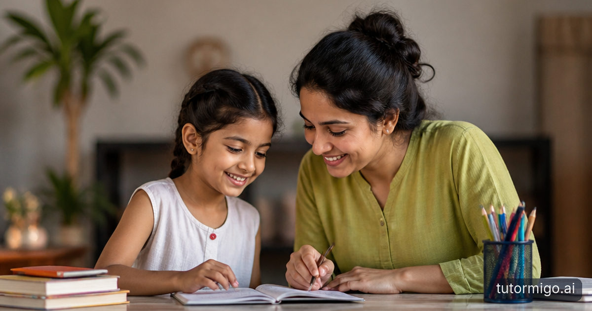 A child points to a sketch on a tablet while a parent listens beside them at a kitchen table.