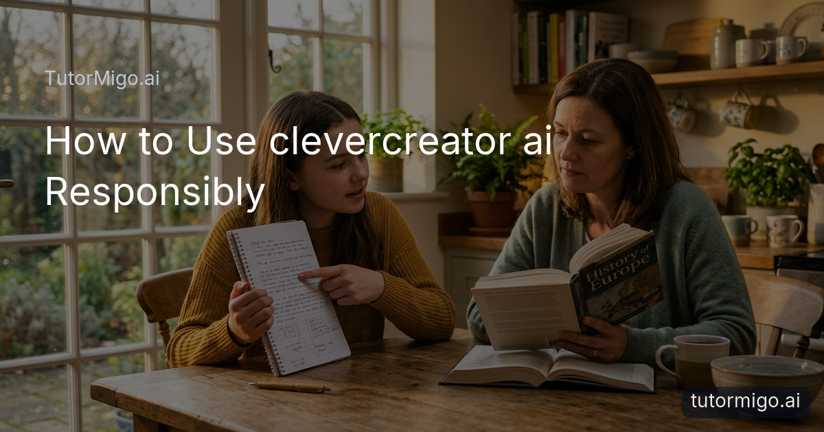 A student and parent cross-referencing AI-generated notes with a book at a home kitchen table in warm afternoon light.