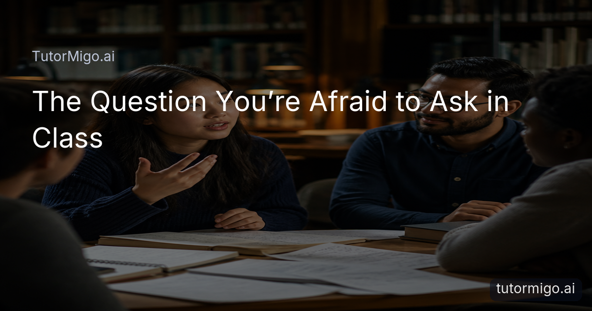 A student asks a question in a calm library study setting while a supportive mentor listens.