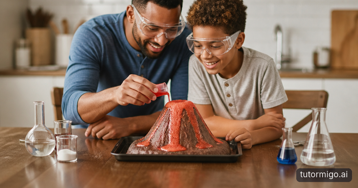 A parent reviews a reference book while a child works independently with fraction strips and a notebook at a kitchen table.