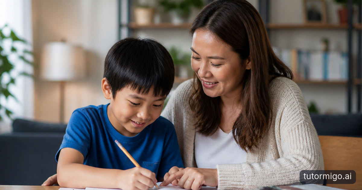 A parent and child calmly plan a homework routine together at a kitchen table.