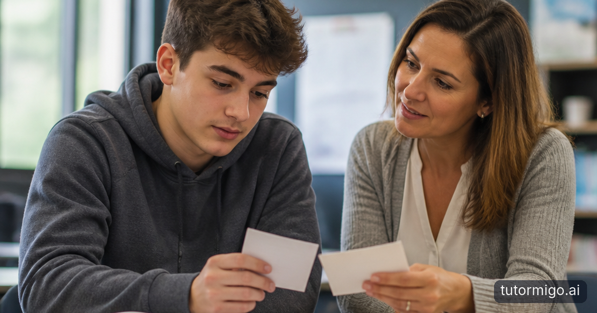 A student and teacher review organized flashcard decks together at a sunlit library table.