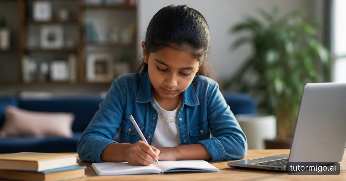 A parent listens as a child explains a drawing at the kitchen table, with a tablet set aside and a phone on a distant shelf.