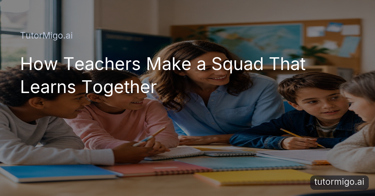 A teacher guides a small group of students as they collaborate and support one another around a classroom table.