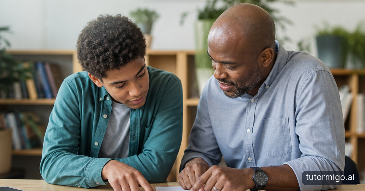 A student and an adult learner discuss alternative explanations at a whiteboard with a teacher, with flashcards arranged on the table.