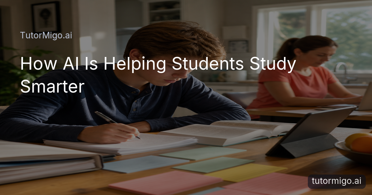 A student organizes handwritten notes, flashcards, and a tablet during a focused study session at a kitchen table.