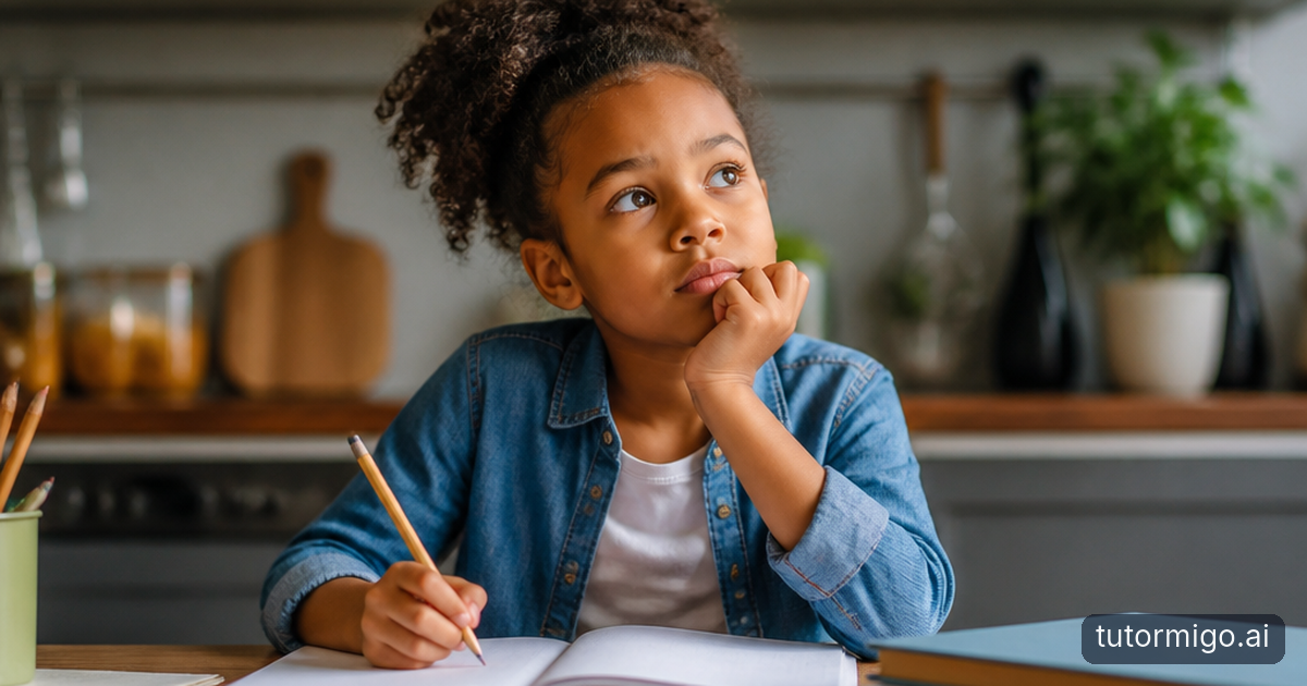 A parent listens calmly as their child pauses over a homework book to ask a question at the kitchen table.