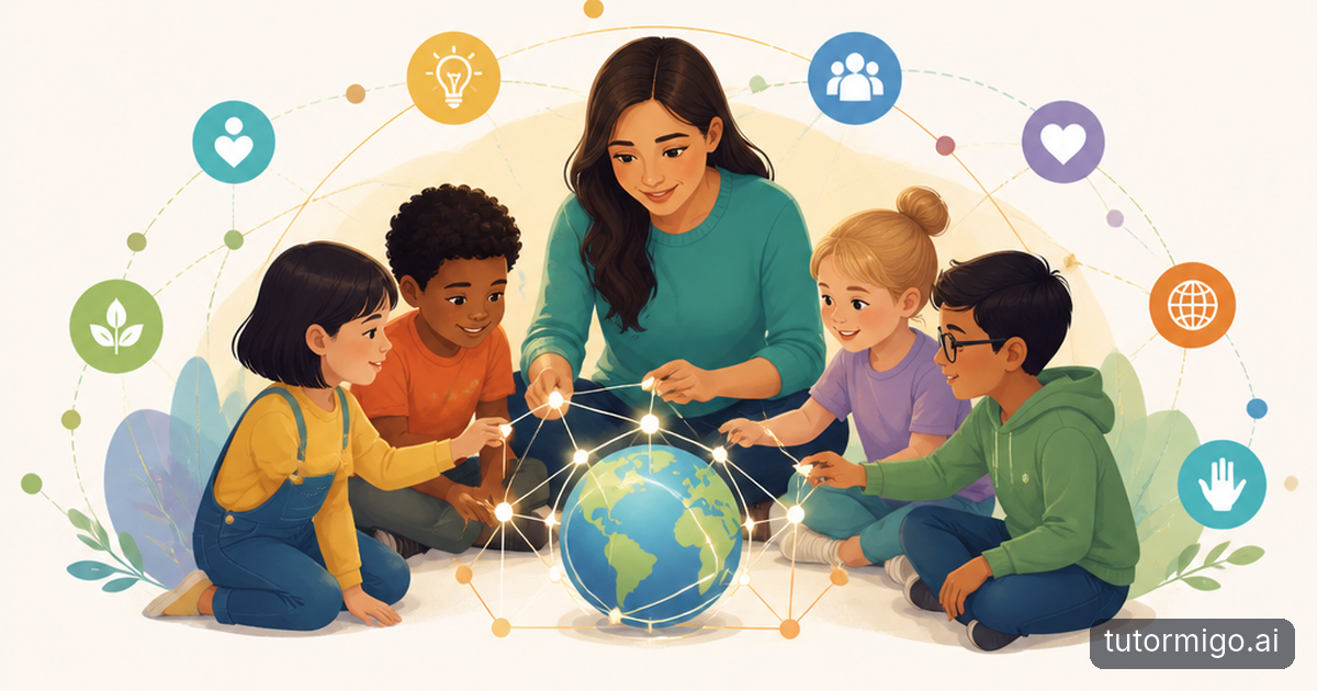 Young children and a teacher arrange colorful blocks and picture cards into a step-by-step sequence in a bright classroom.