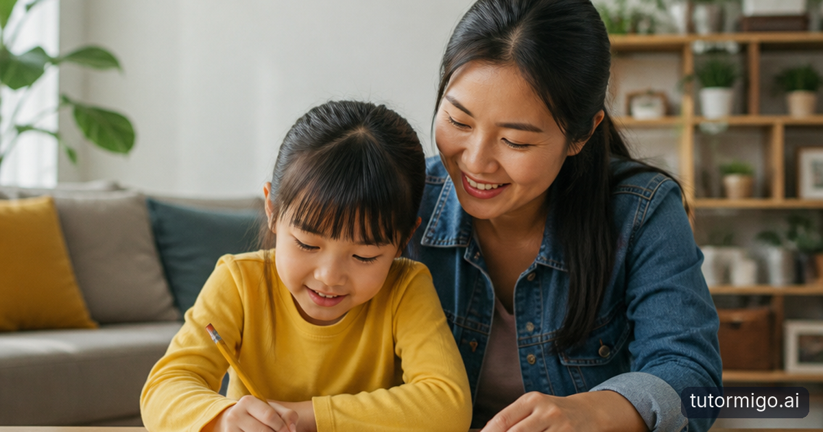 A parent watches calmly as a child uses wooden counters to work through a maths problem at a kitchen table.