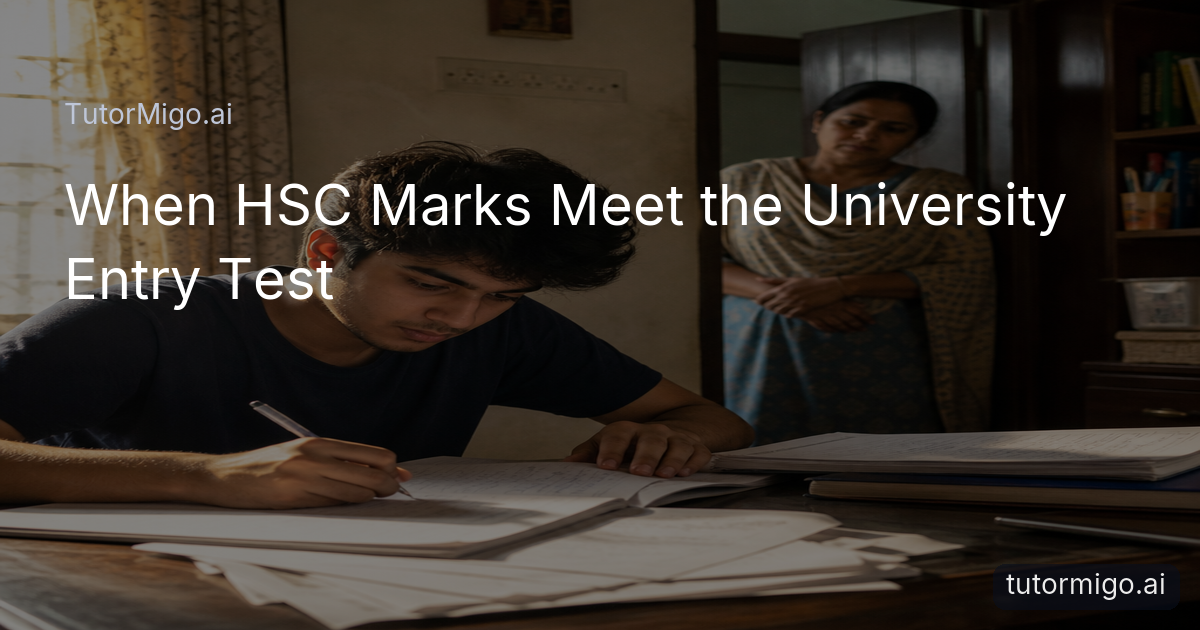 A Bangladeshi HSC student studies university entry-exam materials at home while a parent watches supportively.