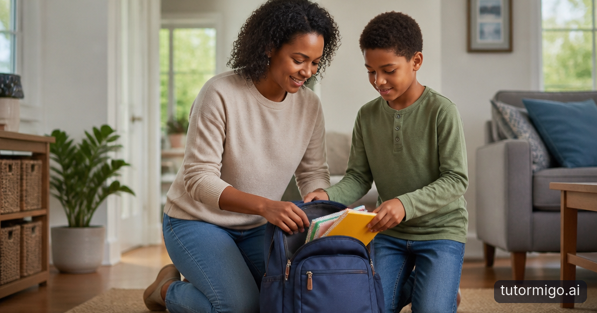 A parent and child calmly organize school supplies and prepare a backpack together at a kitchen table.