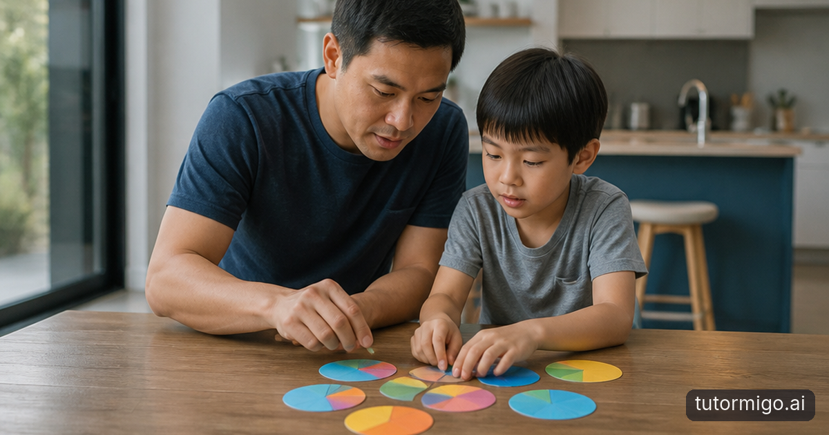 A parent and child arrange paper fraction circles together at a sunlit kitchen table.