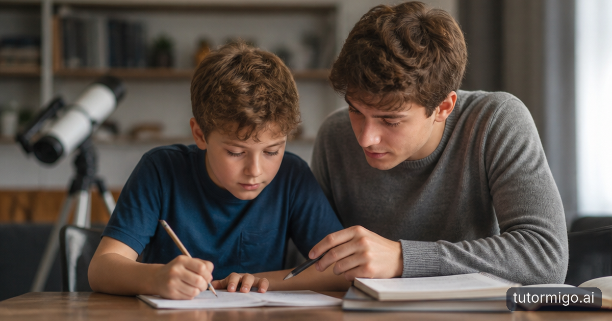 A student and parent use colorful hands-on models to explore a gravity concept at a kitchen table.