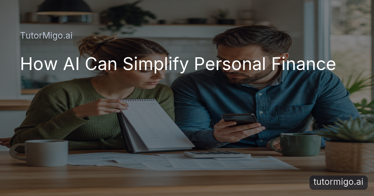 A couple reviews a household budget together at a kitchen table with a notebook, phone, and household bills.