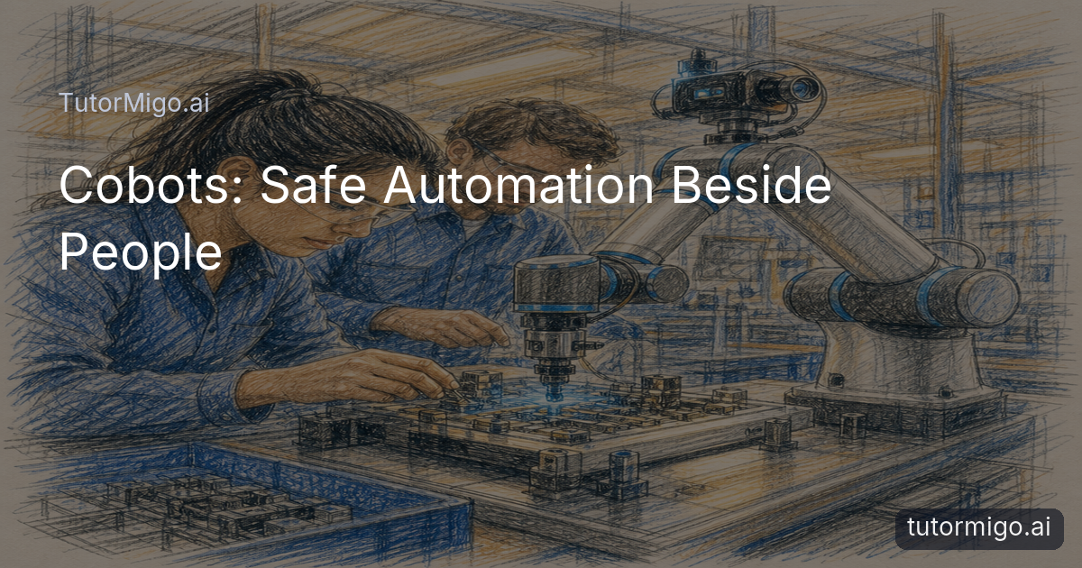 A collaborative robot works beside two technicians at a light assembly station on a modern factory floor.
