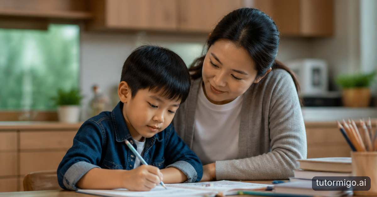 A child explains a new way of sorting wooden shapes to an attentive parent at a kitchen table.
