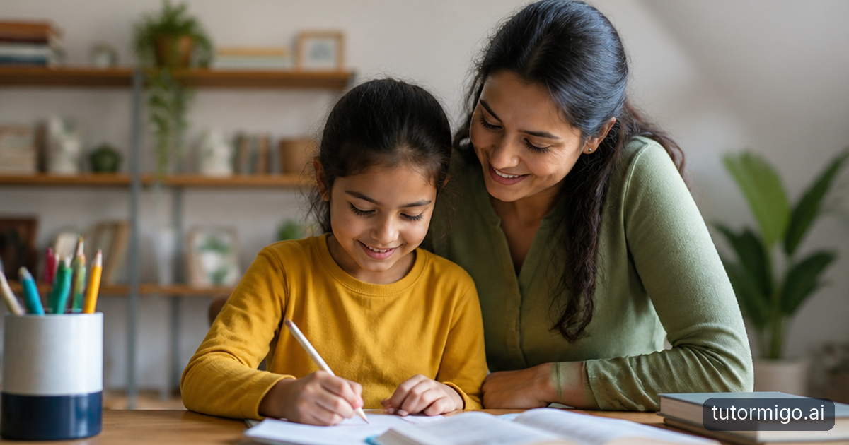A parent and child calmly review one homework page together at a kitchen table, with other papers set aside.