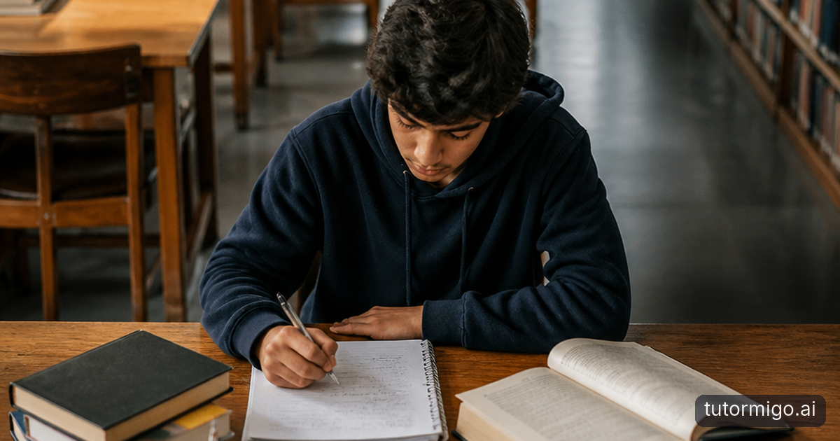 A focused student works through a challenging problem with notes and diagrams at a library table.