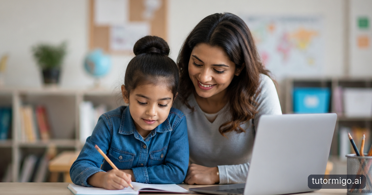 A parent and child calmly prepare for an exam together at a kitchen table in the evening.