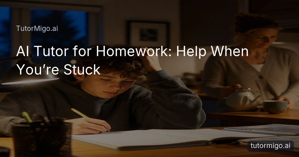 A student pauses over difficult homework at a kitchen table while a parent sits nearby in a warmly lit room.
