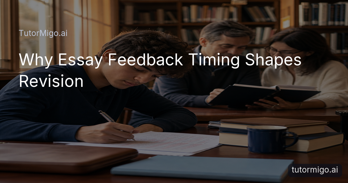 A student revises an essay at a library table while an adult and teacher review progress nearby.