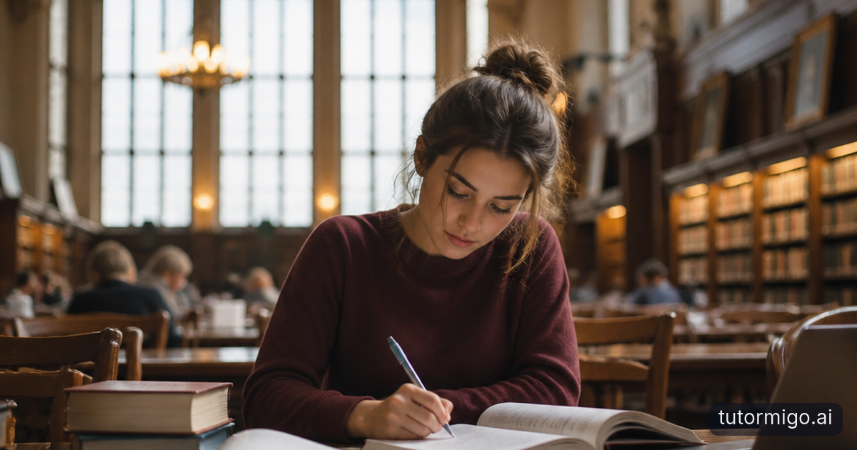 A student reviews flashcards at a desk while a teacher observes study progress nearby.