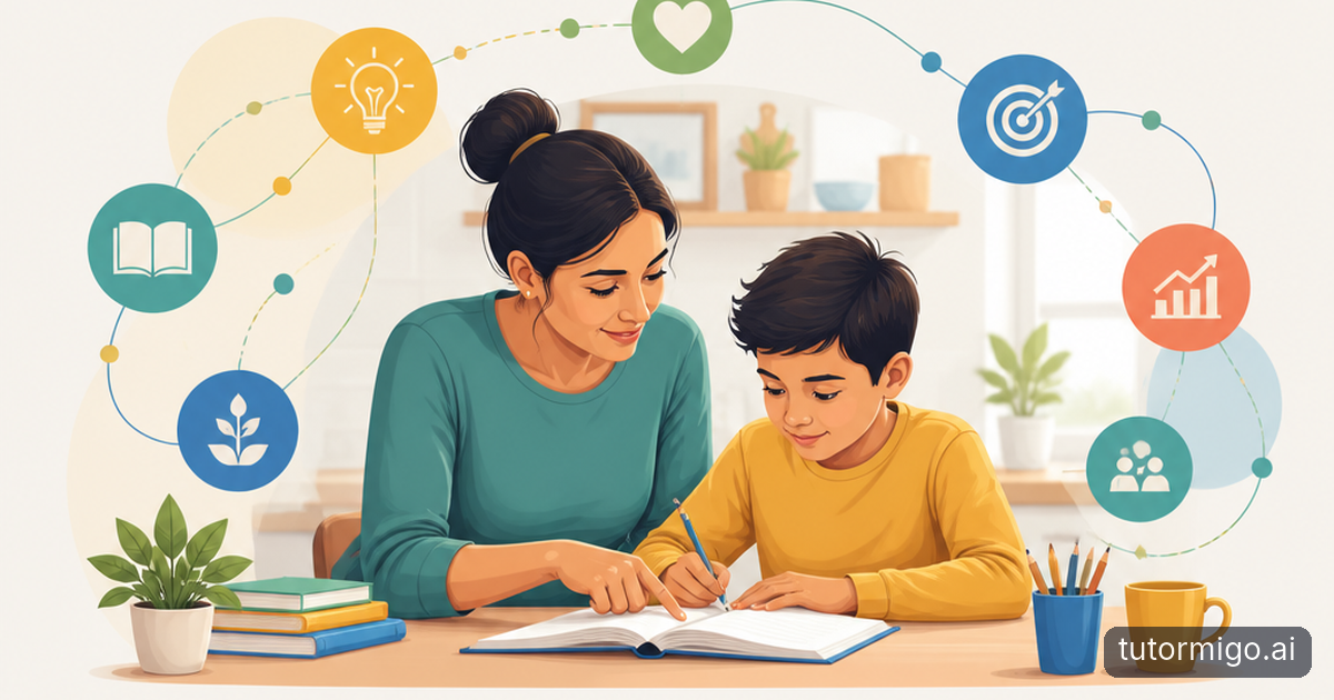 A parent listens as their child reviews a difficult worksheet at a kitchen table.