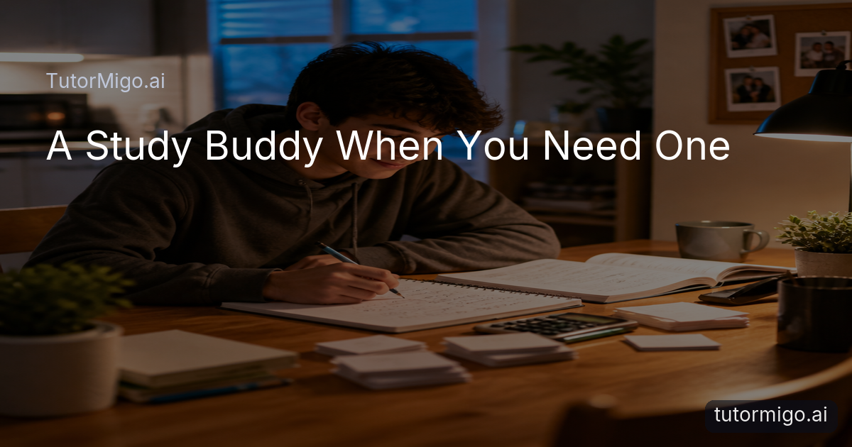 A student studies independently at a kitchen table with notebooks, flashcards, and a warm desk lamp creating an encouraging atmosphere.