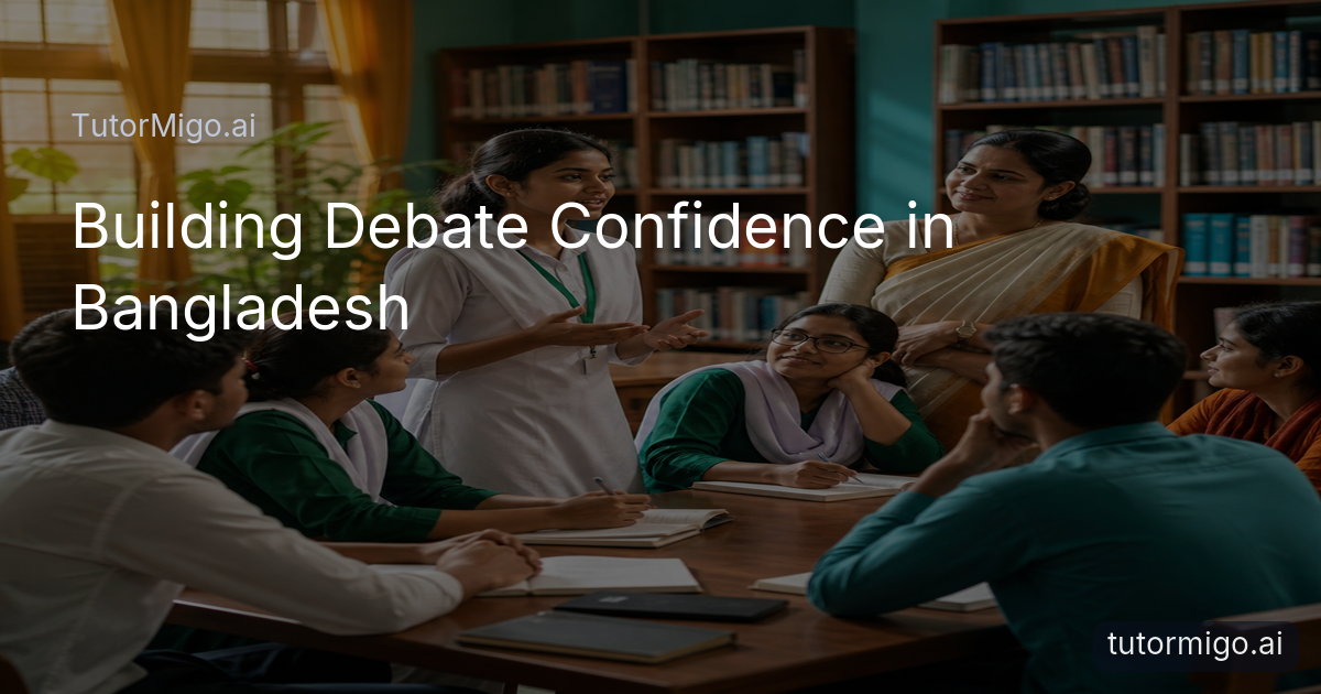 Bangladeshi students and adult learners practise a respectful debate in a warmly lit community library while a teacher guides the discussion.
